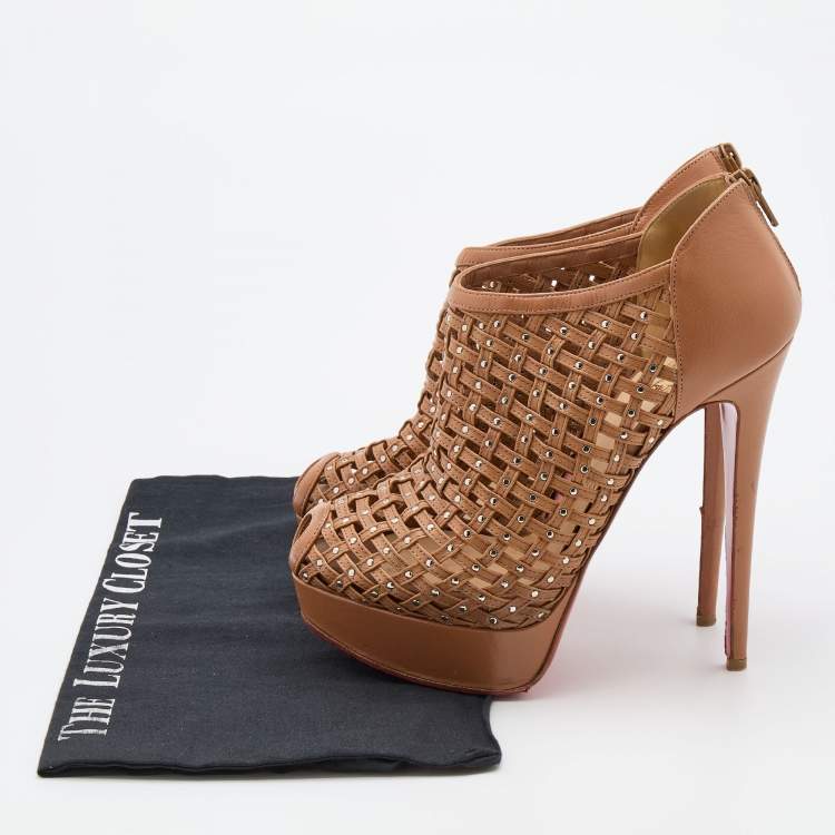 مملوكة مسبقًا Christian Louboutin Brown Leather Kasha Caged Peep Toe Platform Booties Size 38