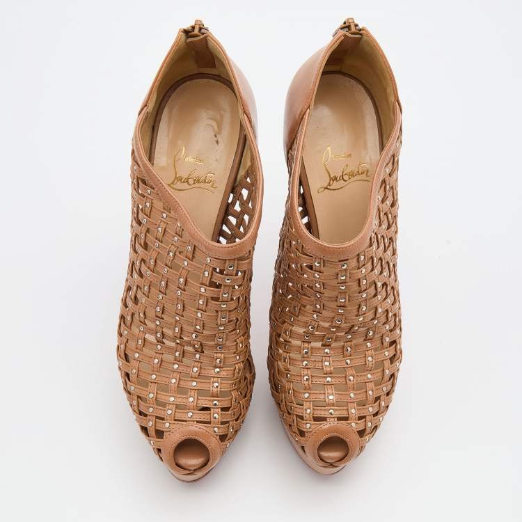 مملوكة مسبقًا Christian Louboutin Brown Leather Kasha Caged Peep Toe Platform Booties Size 38