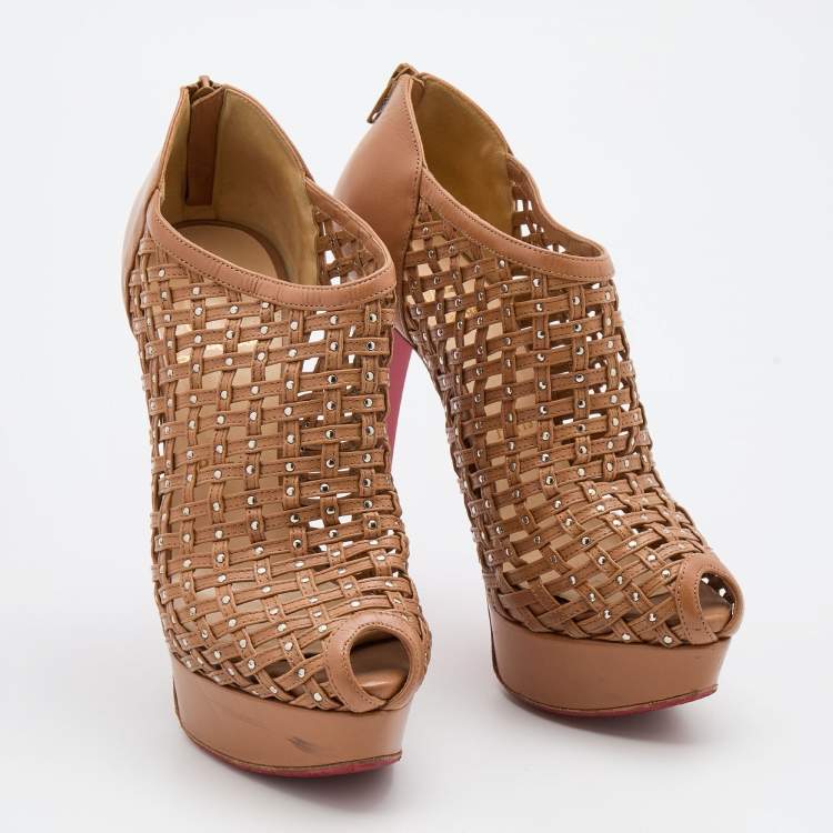 مملوكة مسبقًا Christian Louboutin Brown Leather Kasha Caged Peep Toe Platform Booties Size 38
