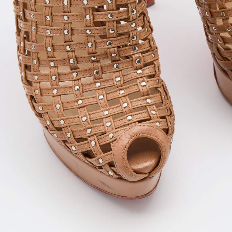 مملوكة مسبقًا Christian Louboutin Brown Leather Kasha Caged Peep Toe Platform Booties Size 38