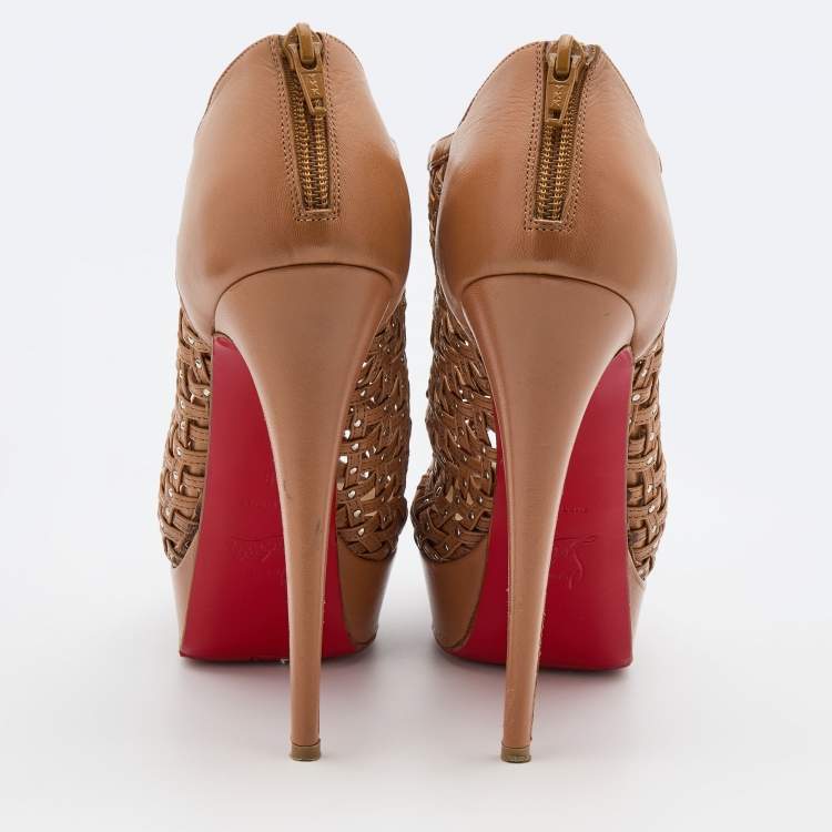 مملوكة مسبقًا Christian Louboutin Brown Leather Kasha Caged Peep Toe Platform Booties Size 38