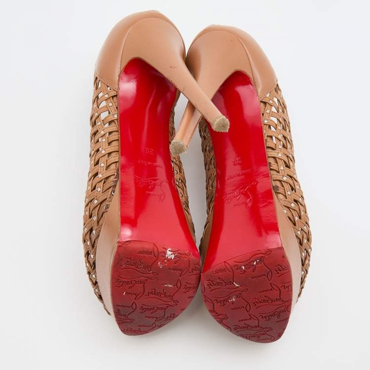 مملوكة مسبقًا Christian Louboutin Brown Leather Kasha Caged Peep Toe Platform Booties Size 38