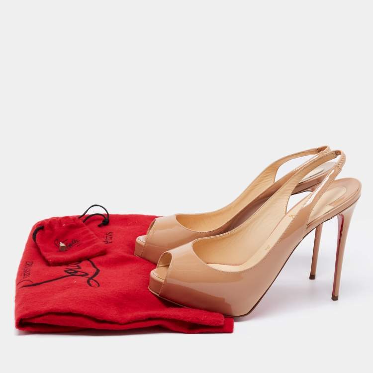 Pre Owned Christian Louboutin Beige Patent Private Number Slingback Pumps Size 37.5