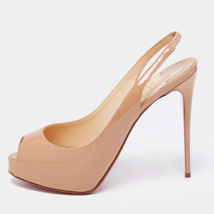 Pre Owned Christian Louboutin Beige Patent Private Number Slingback Pumps Size 37.5