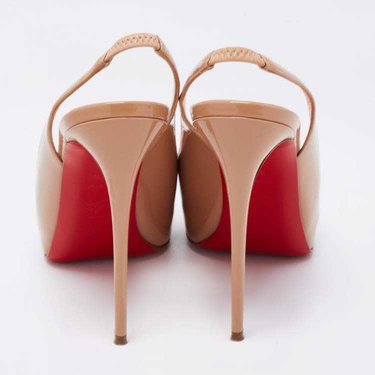 Pre Owned Christian Louboutin Beige Patent Private Number Slingback Pumps Size 37.5