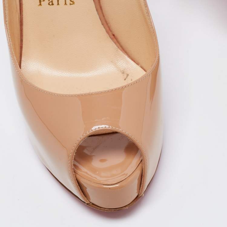 Pre Owned Christian Louboutin Beige Patent Private Number Slingback Pumps Size 37.5