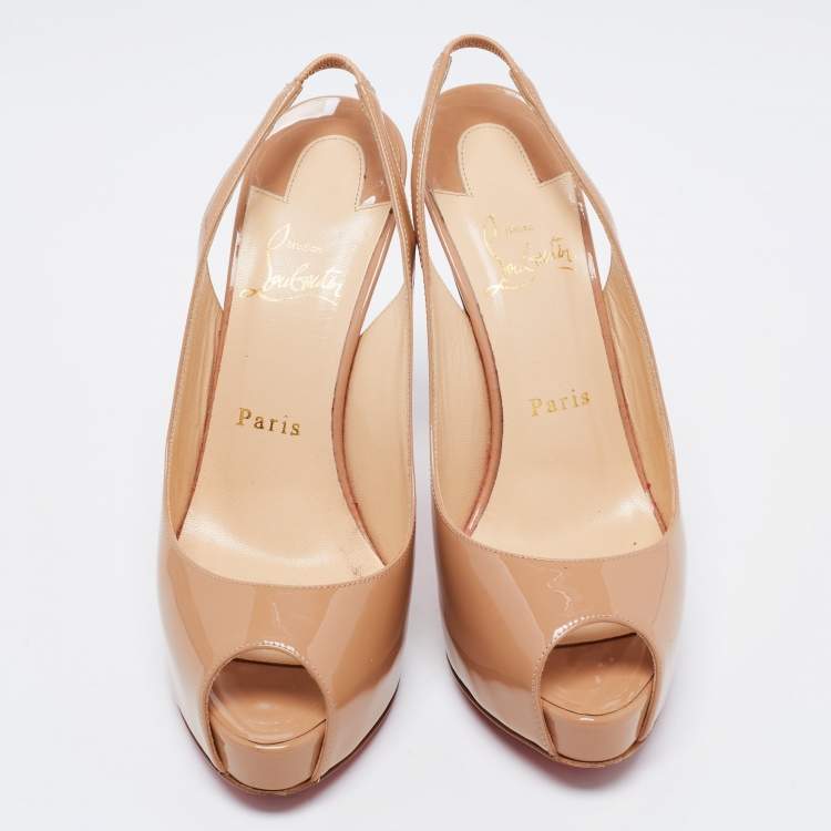 Pre Owned Christian Louboutin Beige Patent Private Number Slingback Pumps Size 37.5