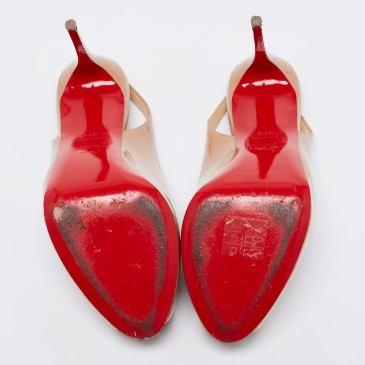 Pre Owned Christian Louboutin Beige Patent Private Number Slingback Pumps Size 37.5