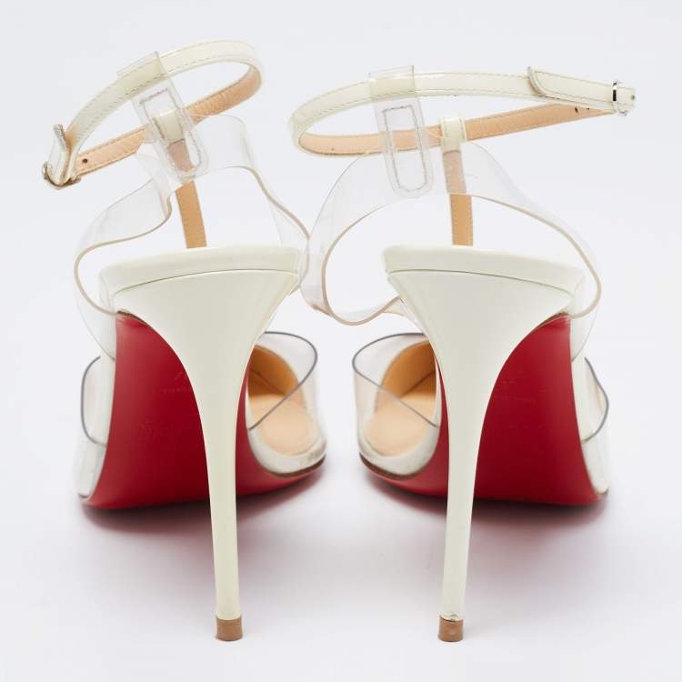Pre Owned Christian Louboutin White Patent Leather and PVC Nosy T-Strap Sandals Size 37