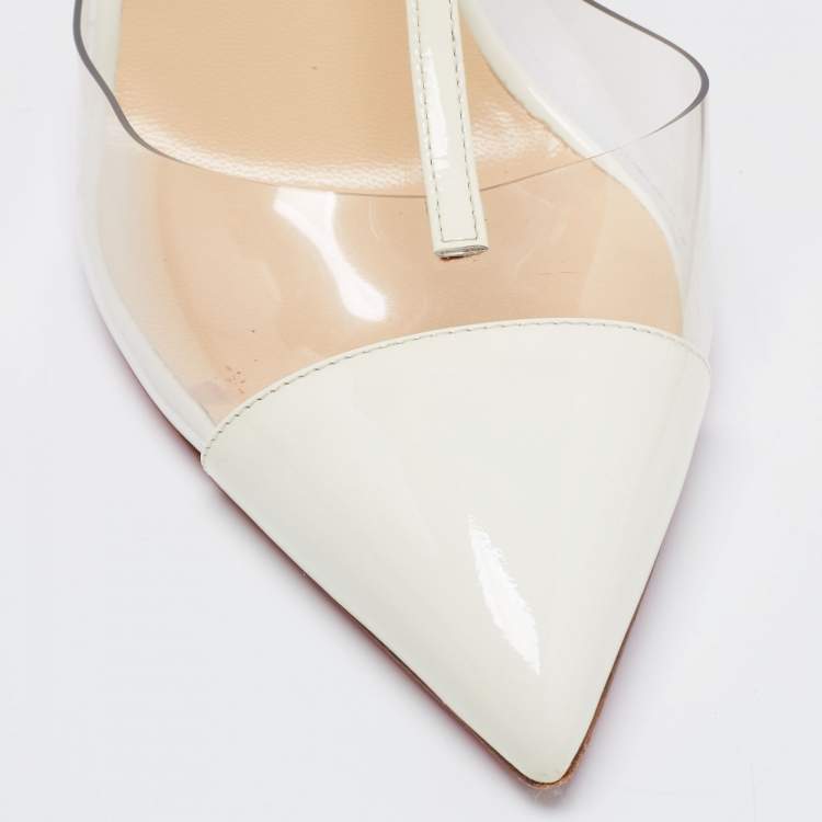 Pre Owned Christian Louboutin White Patent Leather and PVC Nosy T-Strap Sandals Size 37