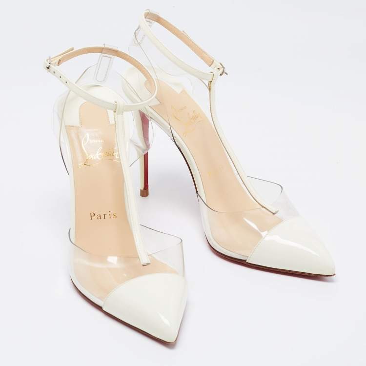 Pre Owned Christian Louboutin White Patent Leather and PVC Nosy T-Strap Sandals Size 37
