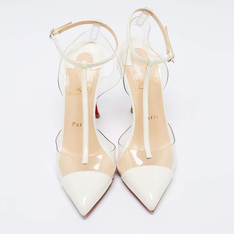 Pre Owned Christian Louboutin White Patent Leather and PVC Nosy T-Strap Sandals Size 37