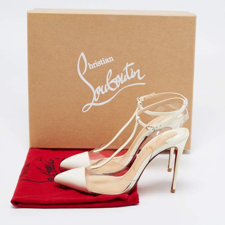 Pre Owned Christian Louboutin White Patent Leather and PVC Nosy T-Strap Sandals Size 37