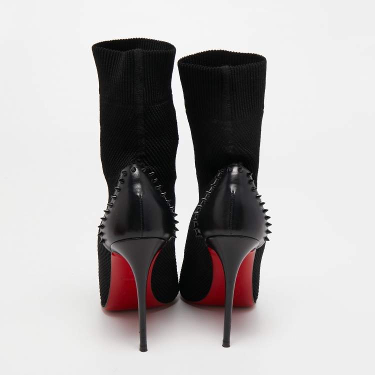 Pre Owned Christian Louboutin Black Knit Fabric and Studded Leather Dovi Dova Sock Boots Size 38