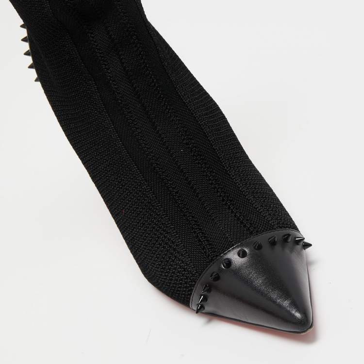 Pre Owned Christian Louboutin Black Knit Fabric and Studded Leather Dovi Dova Sock Boots Size 38