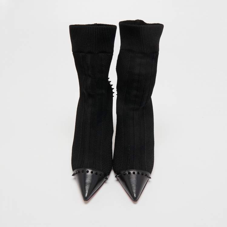 Pre Owned Christian Louboutin Black Knit Fabric and Studded Leather Dovi Dova Sock Boots Size 38