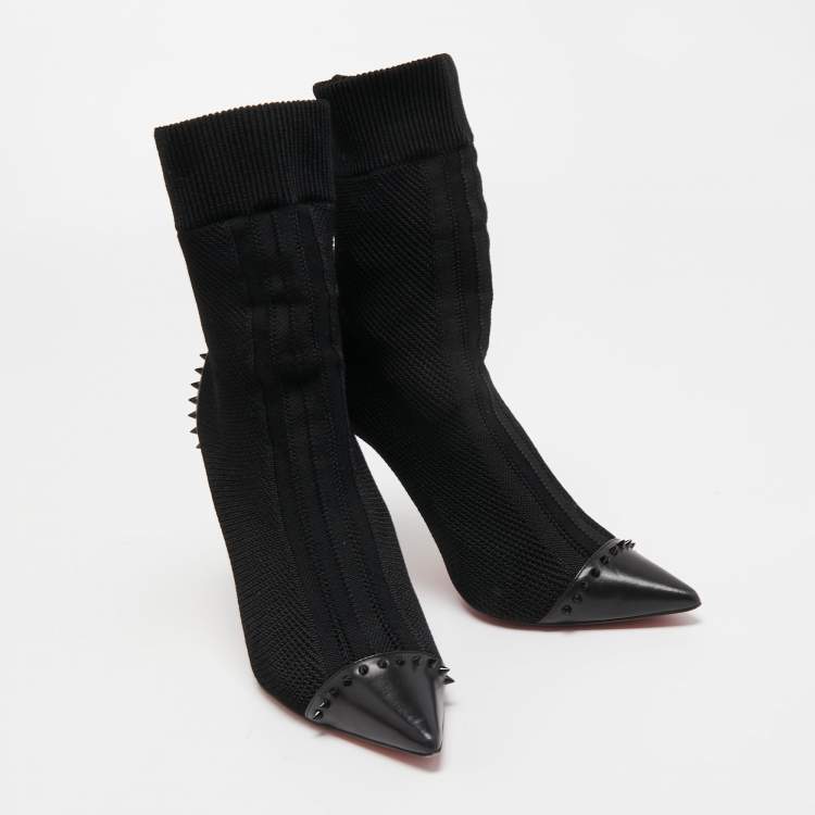 Pre Owned Christian Louboutin Black Knit Fabric and Studded Leather Dovi Dova Sock Boots Size 38