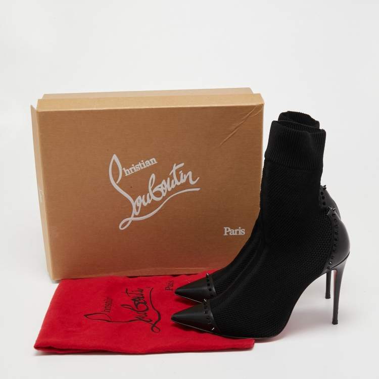 Pre Owned Christian Louboutin Black Knit Fabric and Studded Leather Dovi Dova Sock Boots Size 38
