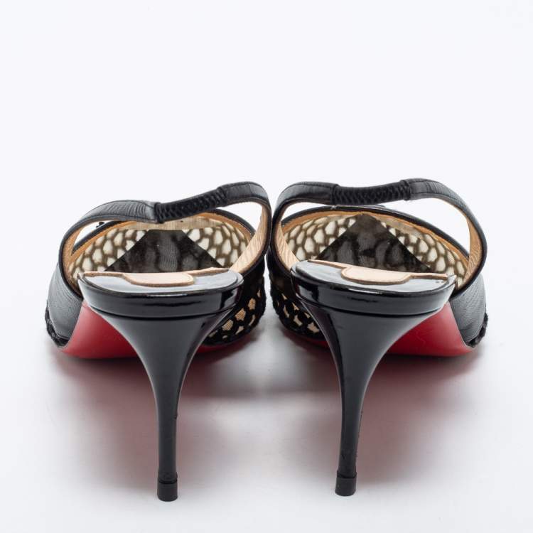 Pre Owned Christian Louboutin Black Mesh and Leather Miluna Slingback Pumps Size 37.5