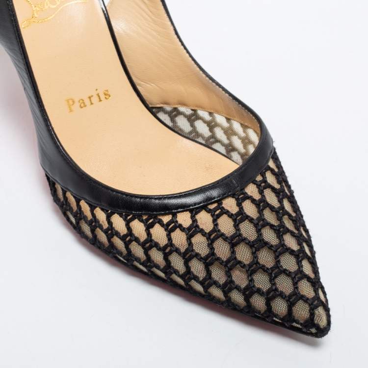 Pre Owned Christian Louboutin Black Mesh and Leather Miluna Slingback Pumps Size 37.5