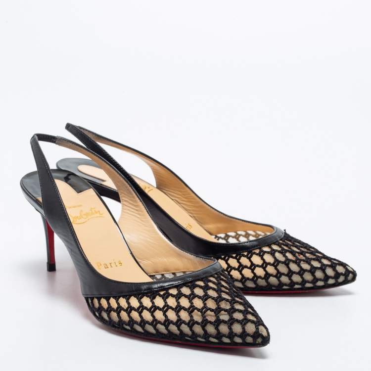 Pre Owned Christian Louboutin Black Mesh and Leather Miluna Slingback Pumps Size 37.5