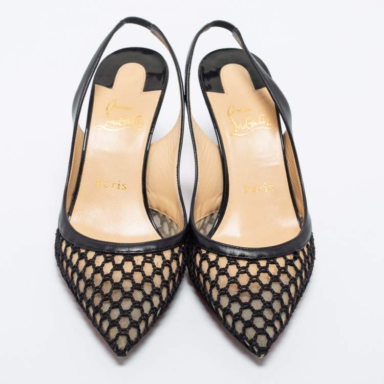 Pre Owned Christian Louboutin Black Mesh and Leather Miluna Slingback Pumps Size 37.5
