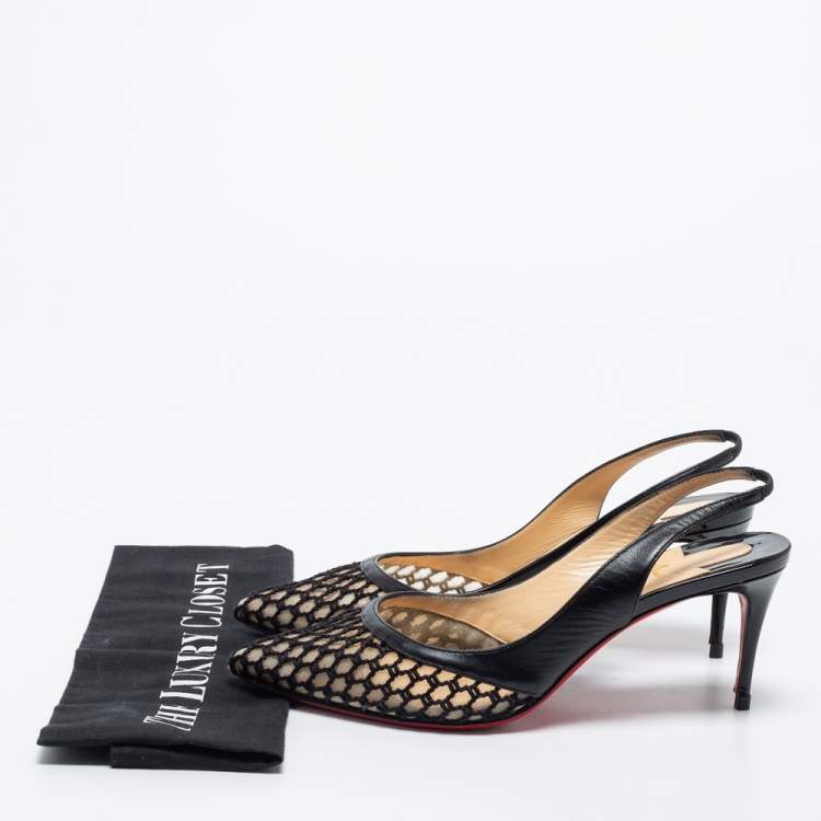 Pre Owned Christian Louboutin Black Mesh and Leather Miluna Slingback Pumps Size 37.5