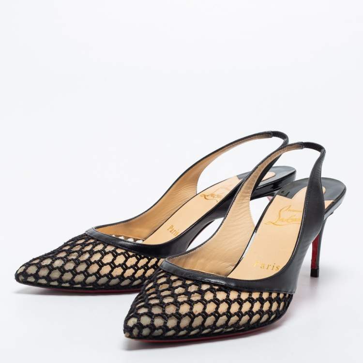 Pre Owned Christian Louboutin Black Mesh and Leather Miluna Slingback Pumps Size 37.5