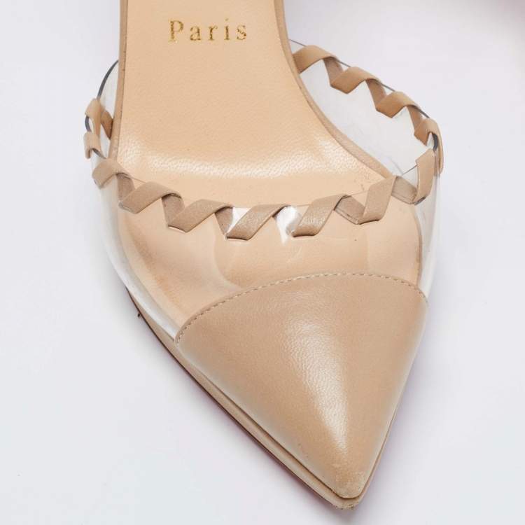 Pre Owned Christian Louboutin Beige Leather and PVC Ankle Strap Platform Pumps Size 38