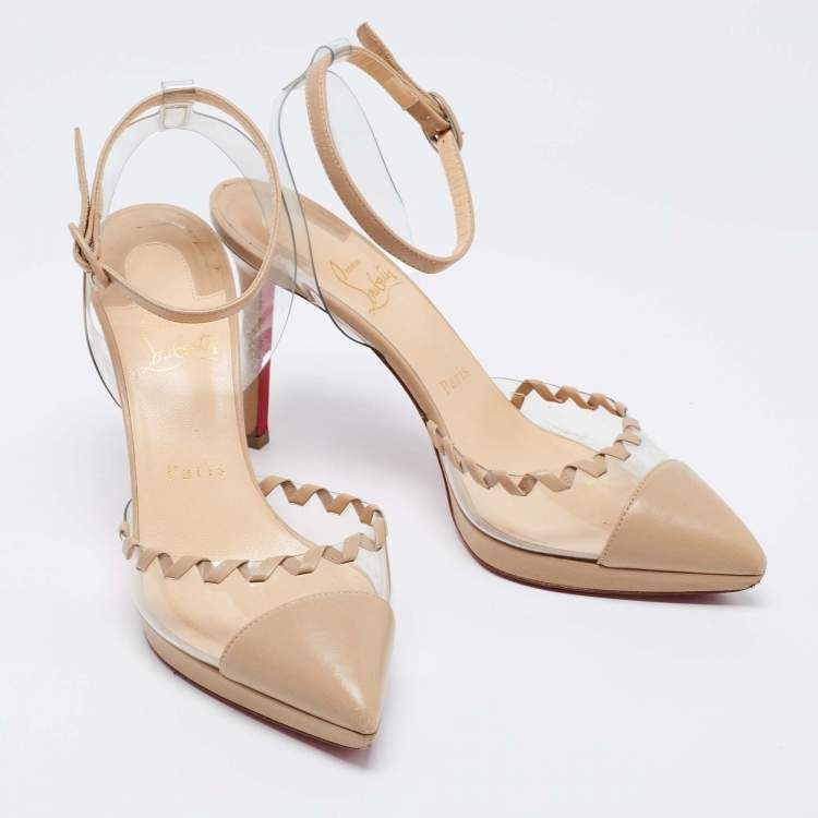 Pre Owned Christian Louboutin Beige Leather and PVC Ankle Strap Platform Pumps Size 38