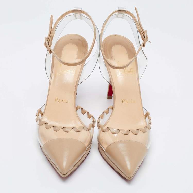 Pre Owned Christian Louboutin Beige Leather and PVC Ankle Strap Platform Pumps Size 38