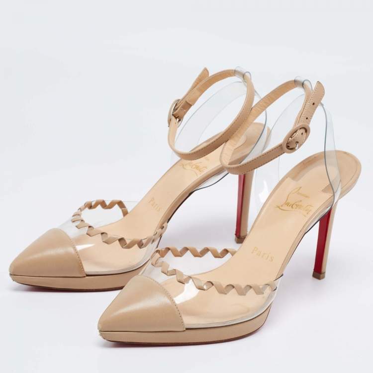 Pre Owned Christian Louboutin Beige Leather and PVC Ankle Strap Platform Pumps Size 38