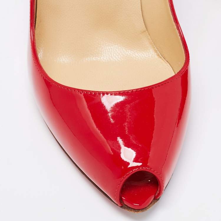 Pre Owned Christian Louboutin Red Patent Tibur Peep Toe Pumps Size 38.5
