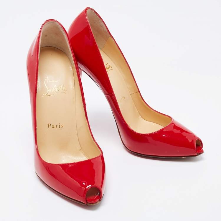 Pre Owned Christian Louboutin Red Patent Tibur Peep Toe Pumps Size 38.5