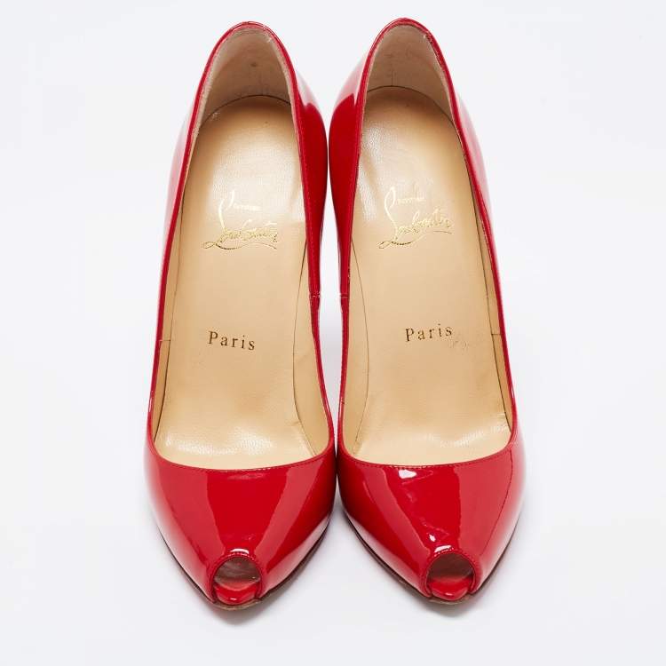 Pre Owned Christian Louboutin Red Patent Tibur Peep Toe Pumps Size 38.5