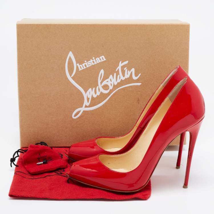 Pre Owned Christian Louboutin Red Patent Tibur Peep Toe Pumps Size 38.5