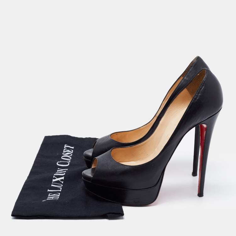 Pre Owned Christian Louboutin Black Leather Lady Peep Toe Platform Pumps Size 40.5