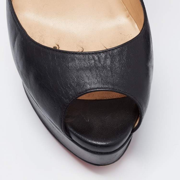 Pre Owned Christian Louboutin Black Leather Lady Peep Toe Platform Pumps Size 40.5