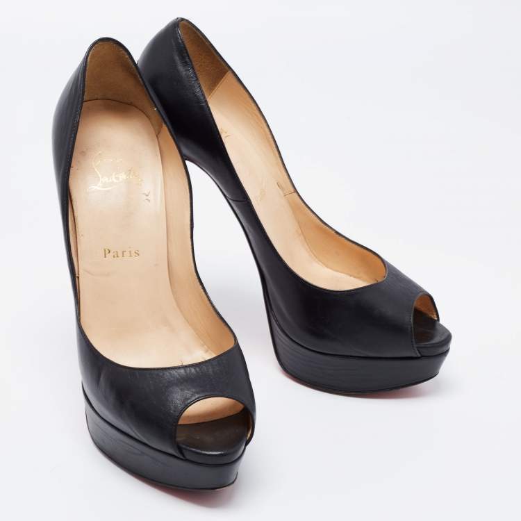 Pre Owned Christian Louboutin Black Leather Lady Peep Toe Platform Pumps Size 40.5