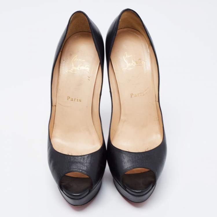 Pre Owned Christian Louboutin Black Leather Lady Peep Toe Platform Pumps Size 40.5