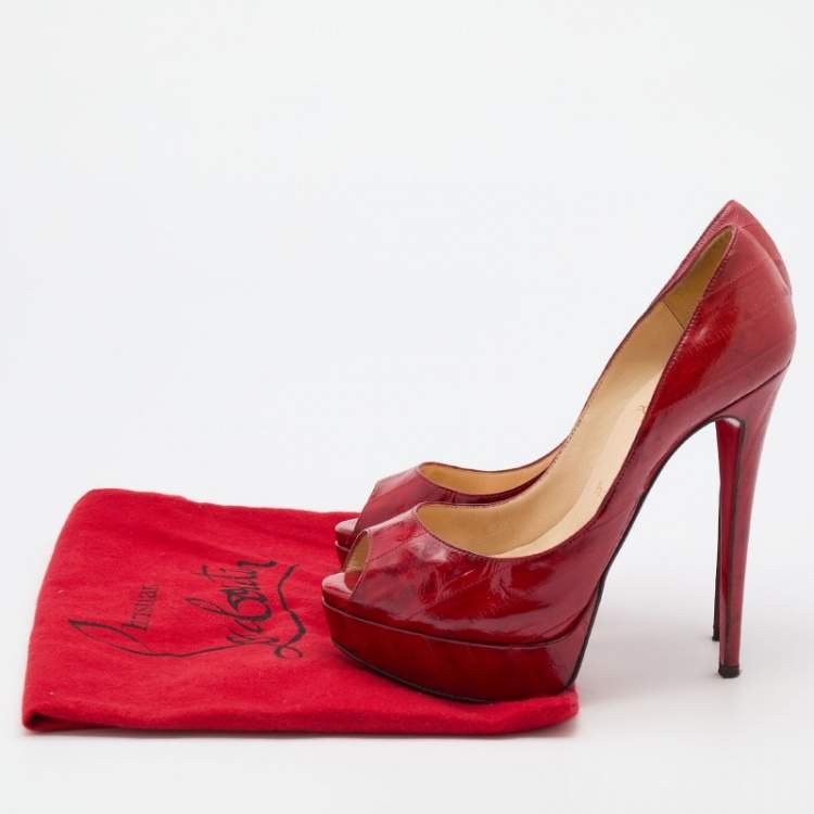 Pre Owned Christian Louboutin Red Eel Leather Lady Peep Toe Platform Pumps Size 38