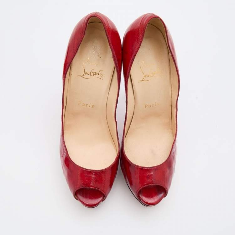 Pre Owned Christian Louboutin Red Eel Leather Lady Peep Toe Platform Pumps Size 38