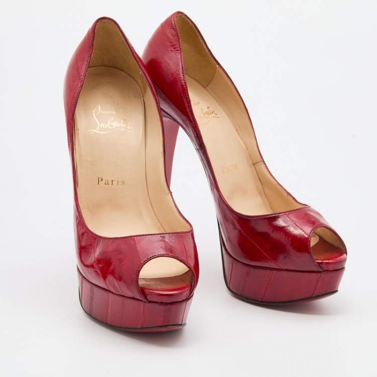 Pre Owned Christian Louboutin Red Eel Leather Lady Peep Toe Platform Pumps Size 38