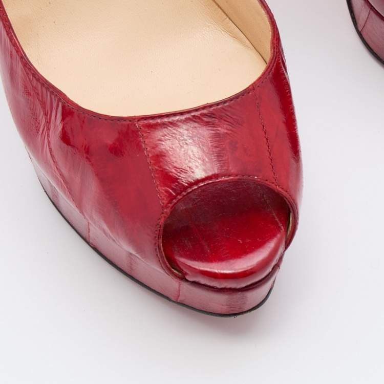Pre Owned Christian Louboutin Red Eel Leather Lady Peep Toe Platform Pumps Size 38