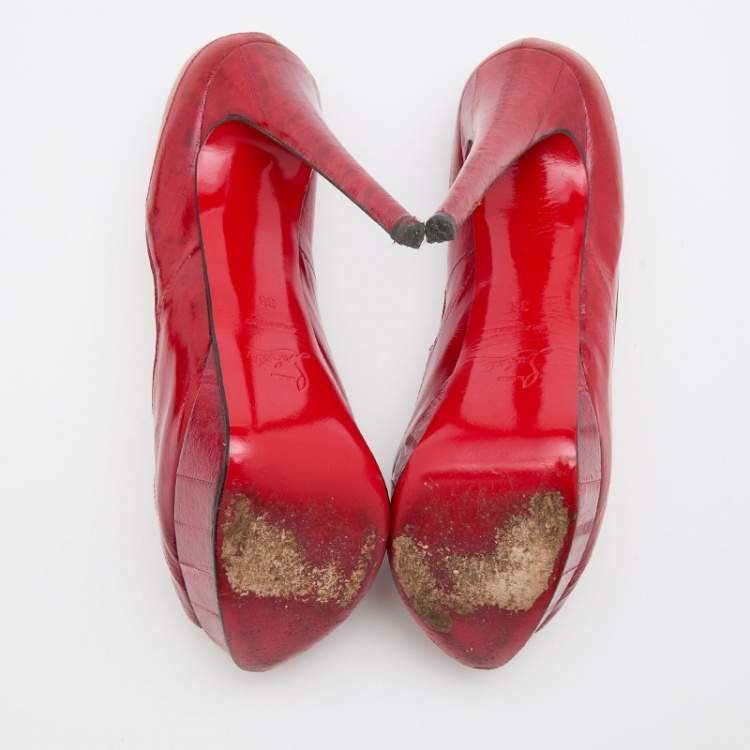 Pre Owned Christian Louboutin Red Eel Leather Lady Peep Toe Platform Pumps Size 38