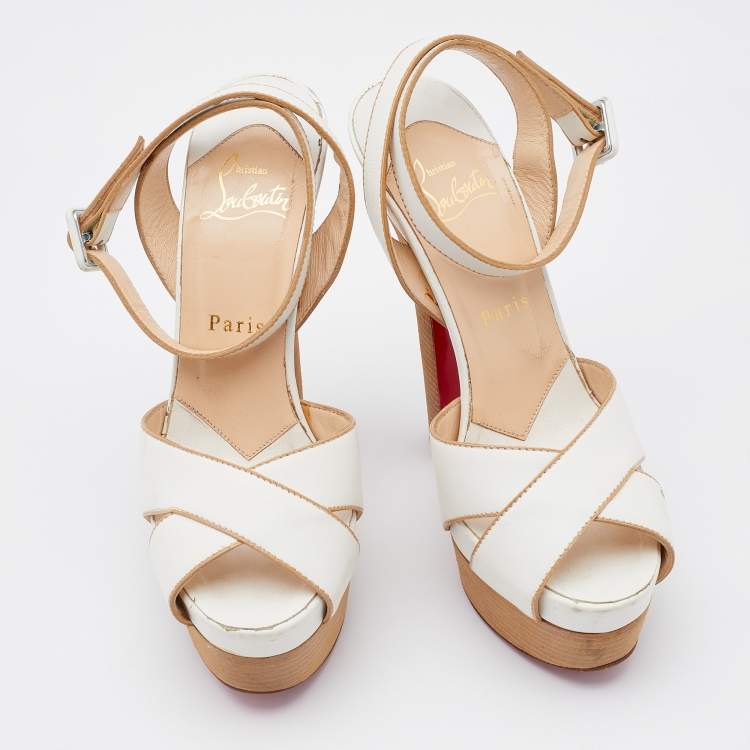 Pre Owned Christian Louboutin White Leather Criss Cross Ankle Strap Platform Sandals Size 36.5