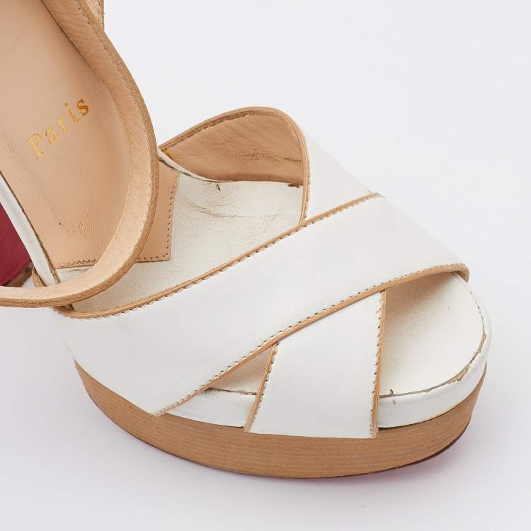 Pre Owned Christian Louboutin White Leather Criss Cross Ankle Strap Platform Sandals Size 36.5