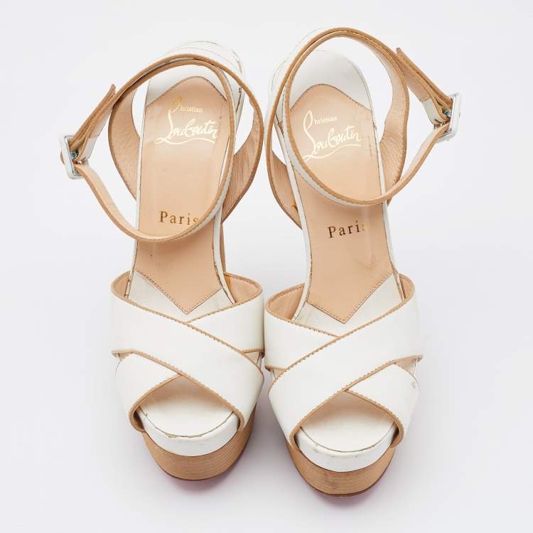 Pre Owned Christian Louboutin White Leather Criss Cross Ankle Strap Platform Sandals Size 36.5
