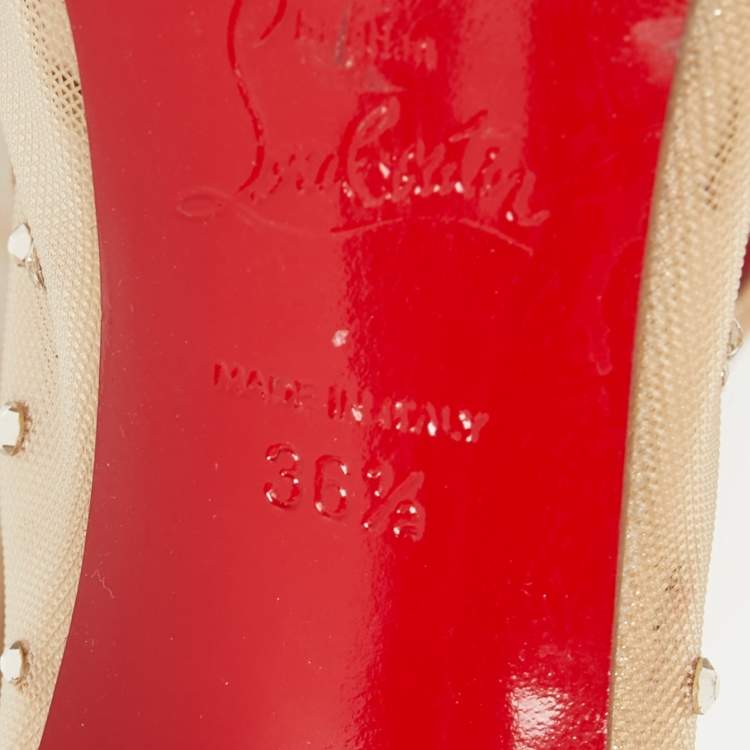 Pre Owned Christian Louboutin Beige Crystal Embellished Mesh and Laminated Suede Follies Strass Pumps Size 36.5