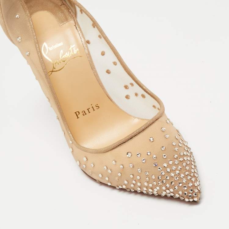 Pre Owned Christian Louboutin Beige Crystal Embellished Mesh and Laminated Suede Follies Strass Pumps Size 36.5